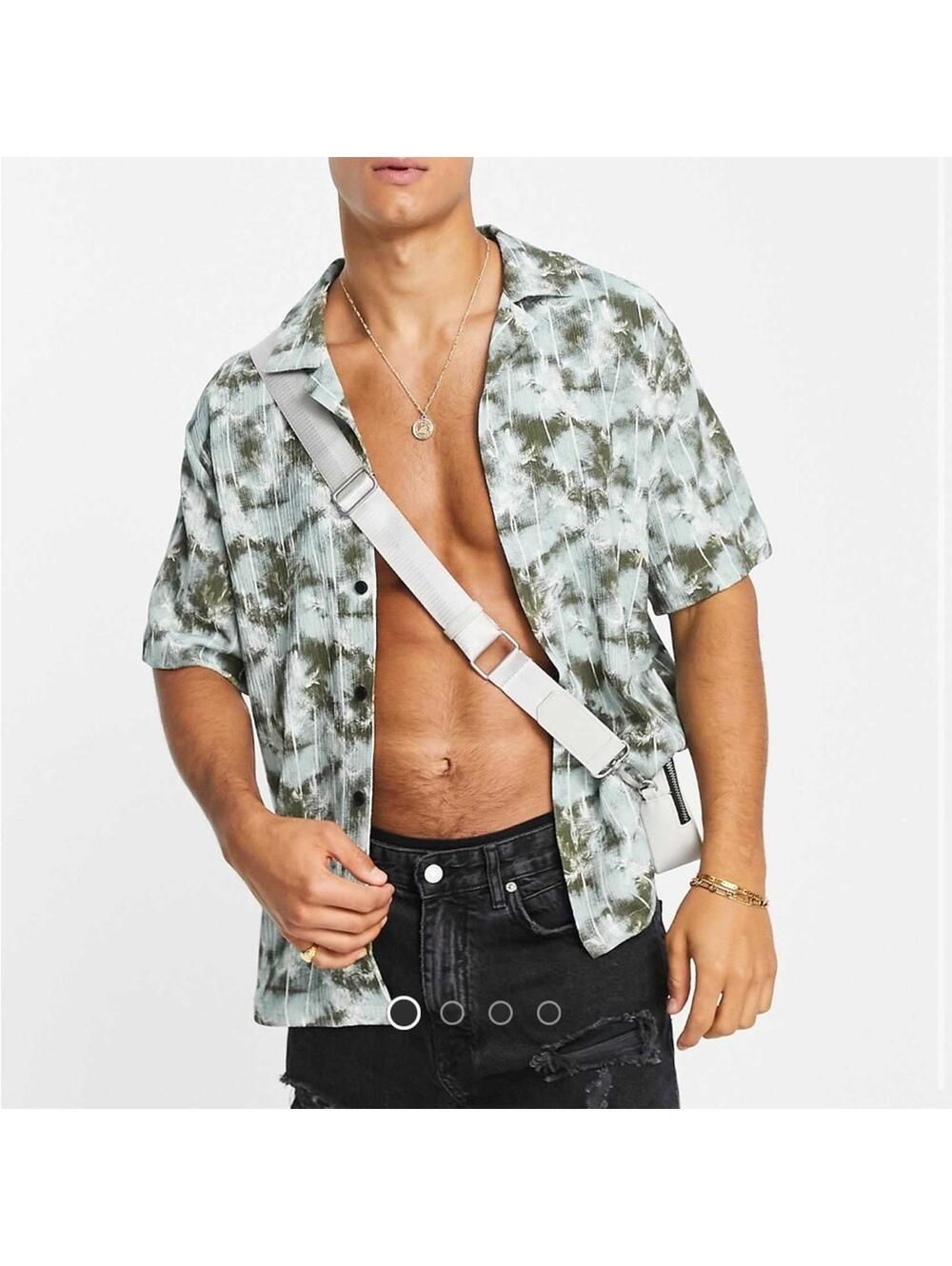 River Island / menβs palm print revere shirt / green